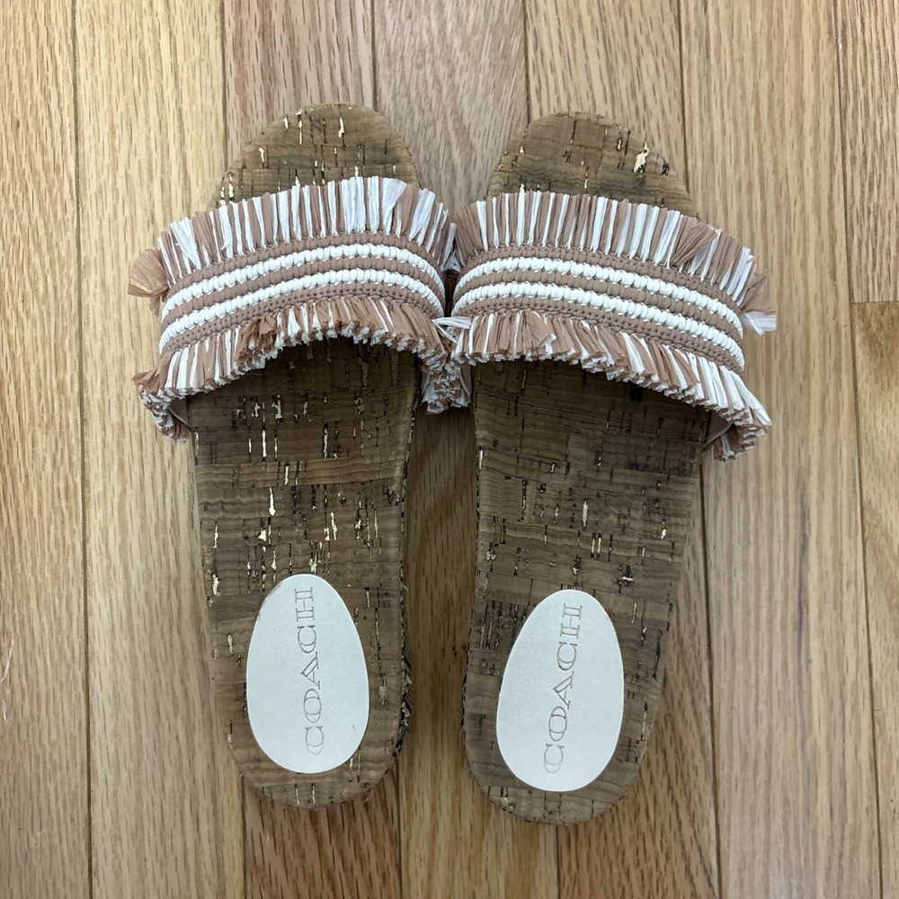 Coach Brayden Raffia‎ Sandals Brown White Fringed Raffia Band & Cork Footbed 6.5